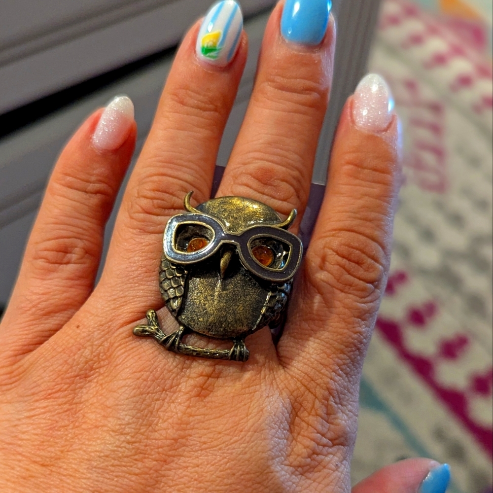 Owl‎ Stretch Band Ring With Amber Eyes